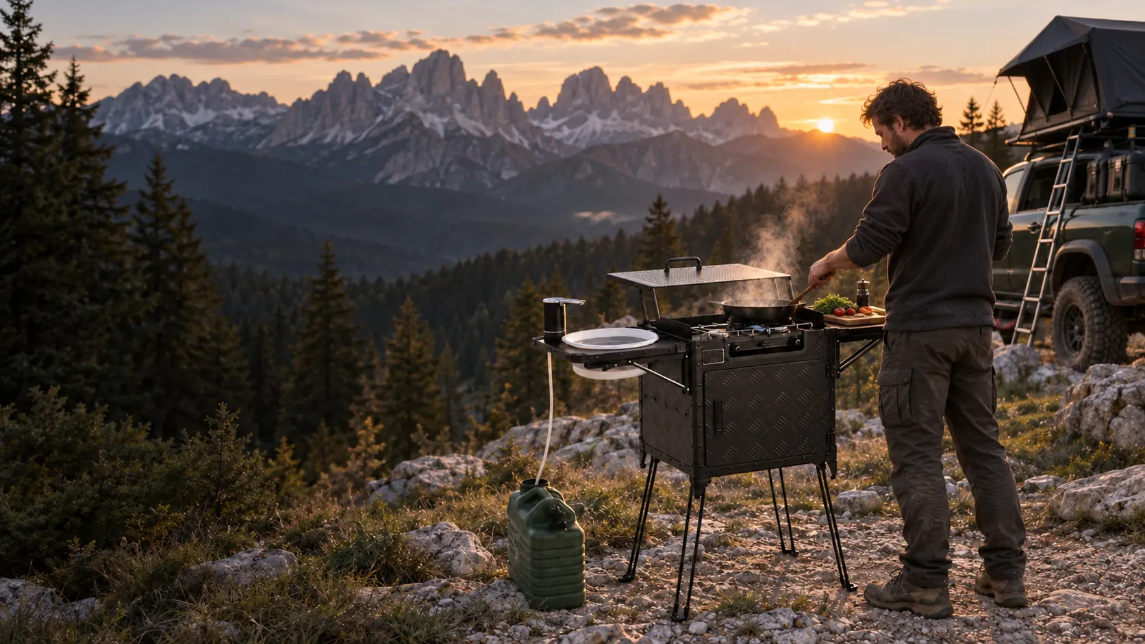AI-generated concept scene of a man cooking on the reference kitchen at a mountain campsite at sunset